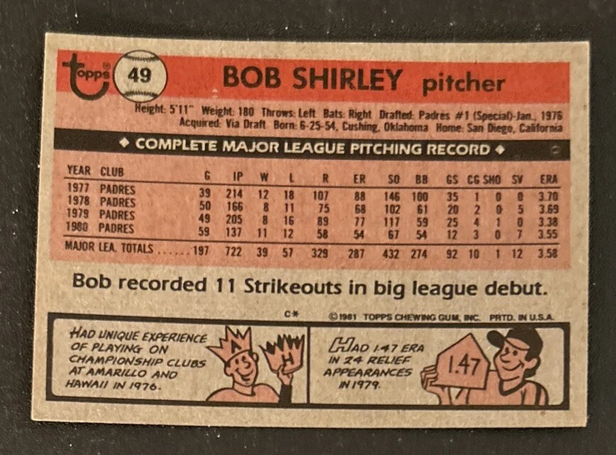 1981 Topps Bob Shirley Baseball Card #49 Padres Pitcher GD/VG O/C - Image 2 of 2