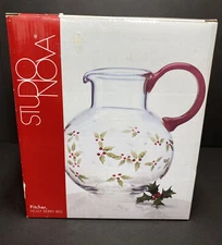 Studio Nova Glass Pitcher Holly Berry Red Hand Painted In Original Box Christmas