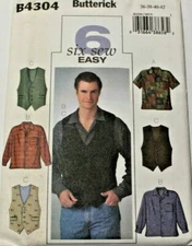 Butterick 4304 Men Button Front Shirt & Vest 6 Styles Sewing Pattern 36-38-40-42