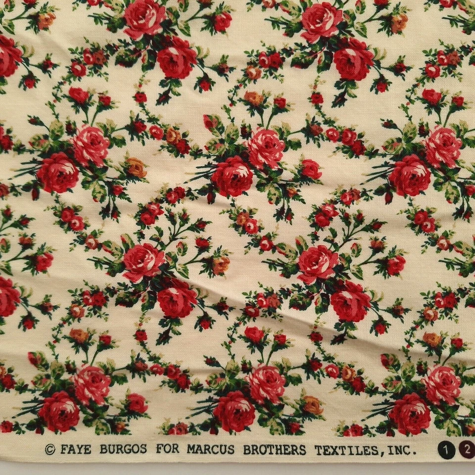 VTG Floral Red Roses On Cream Faye Burgos For Marcus Brothers Cotton Fabric 1 YD - Image 4 of 4