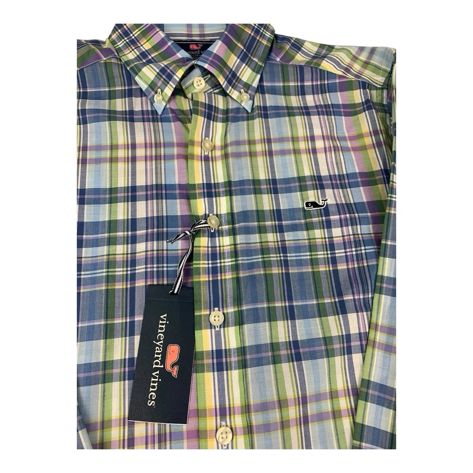 Camisa Baleia Vineyard Vines LS, Slim Fit, Xadrez Buchanan, Azul, Masculina Pequena, NOVA - Imagem 3 de 4