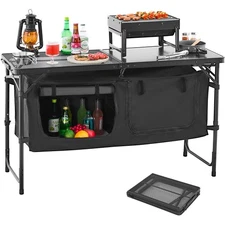 Camping Kitchen Table Folding Portable Outdoor Cook Station 3 Adjustable Height