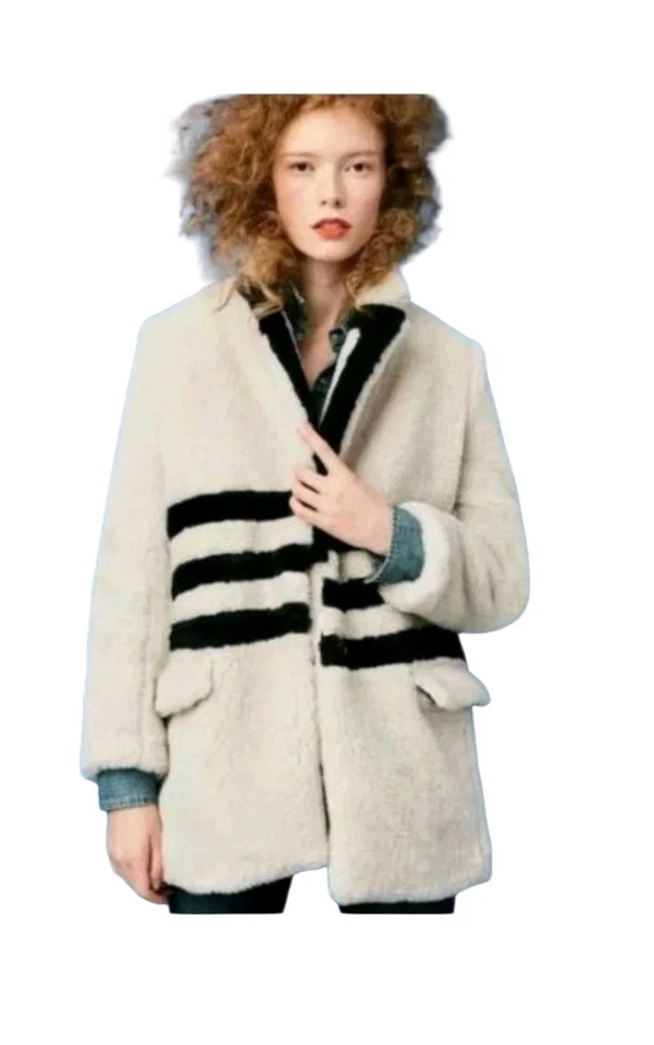 J. Abrigo Crew The Teddy a Rayas Felpa Polar Crema Azul Marino Para Mujer XS NUEVO CON ETIQUETAS Foto 2 de 4