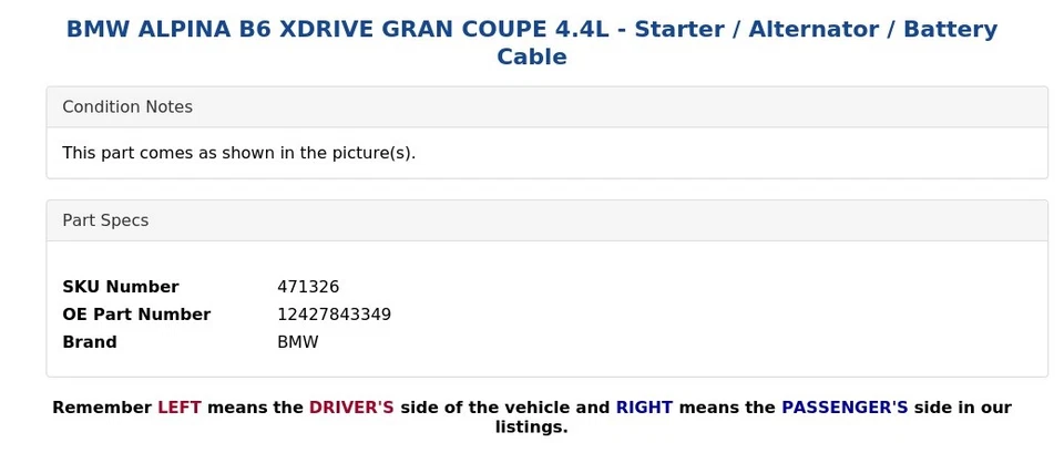 BMW ALPINA B6 XDRIVE GRAN CUPÉ 4.4L - Arranque/Alternador/Cable Batería Foto 3 de 4