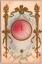 A Happy New Year, 1908 Clock Midnight, Gold Torches Leaves Embossed, Postcard