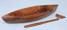 HAND CRAFTED Carved Wooden Boat Canoe w/ Paddle & Seat, Folk Art 8 1/2" Long VG