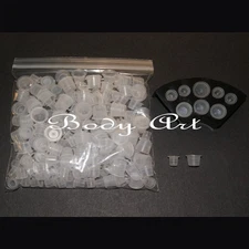 Tattoo Ink Caps Cups 100 Small 100 Medium Black Holder 200pc Set
