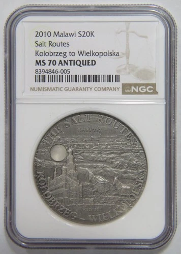 MALAWI SILVER 20 KWACHA SALT ROUTES KOLOBRZEG WIELKOPOLSKA NGC MS70 ANTIQUED