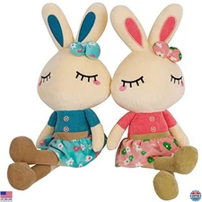 Set of 2 Easter Bunny Plush Toys - 18.3" Soft Stuffed Animals in Pink & Blue