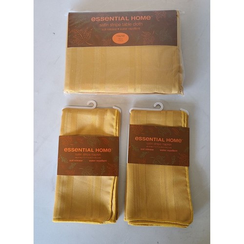 70" Round Cloth Tablecloth & 2 Napkins Thanksgiving GOLD Satin Stripe Autumn NEW - Picture 1 of 6