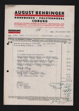 Coburg, invoice 1938, August Behringer Rohrwaren upholstered furniture