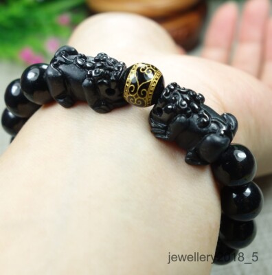 Certified Black Green Burma 100% natural A jadeite jade PiXiu Bracelet 招财貔貅 墨翠手链