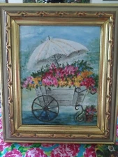 Original OOAK Framed Acrylic Art Flower Vendors Cart 13" X 11" Unsigned