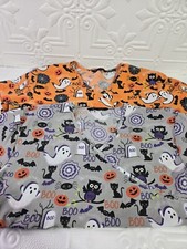 Lot Of 2 Cassandra O Women's Scrub Tops Size M Halloween Boo Cats Pumpkins