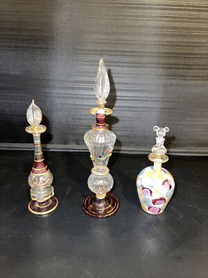 Egyptian Glass Perfume Bottle Gold Accent Hand Blown(set Of