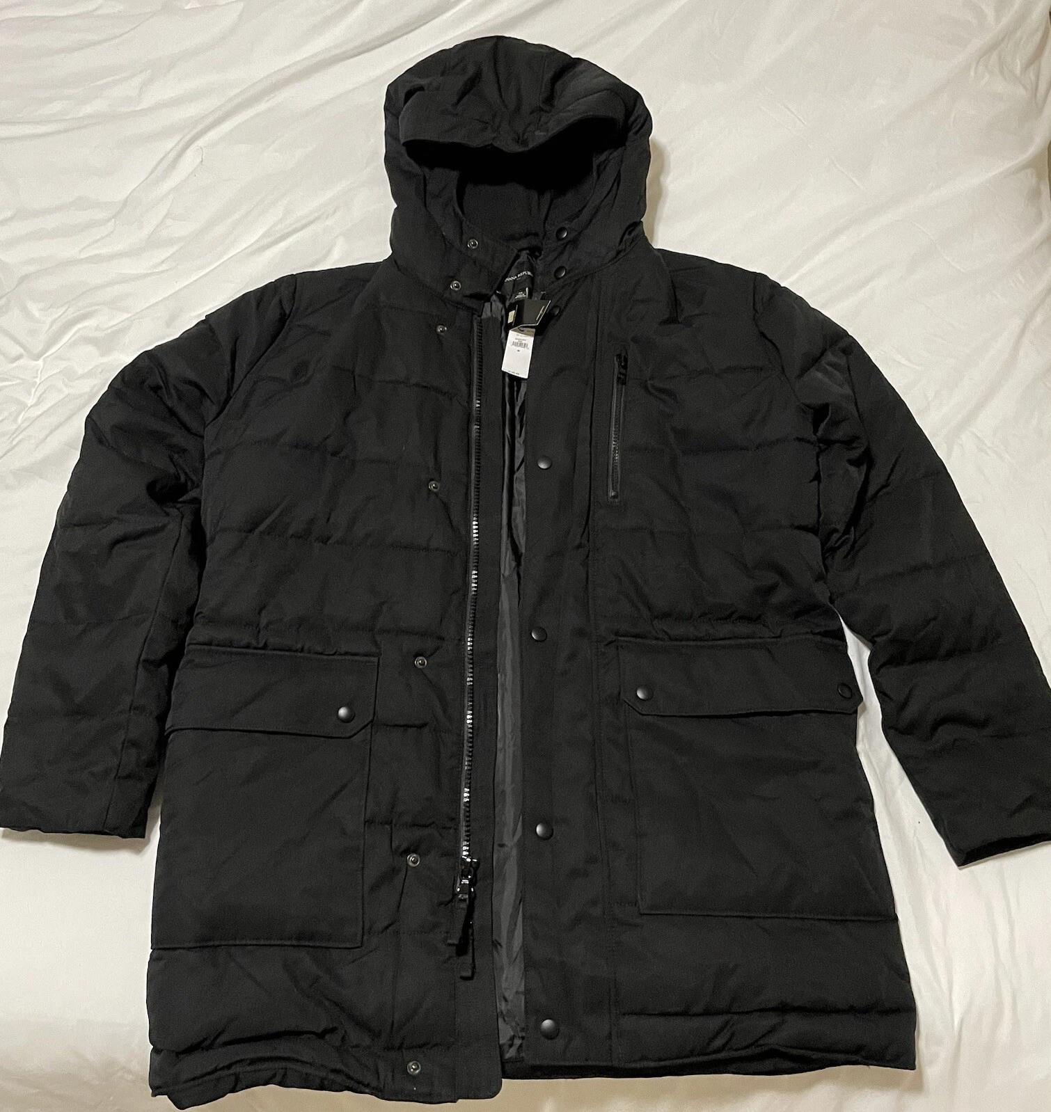 Men's Black Banana Republic Jacket Size M Hooded Puffer Long Parka Full Zip NEW