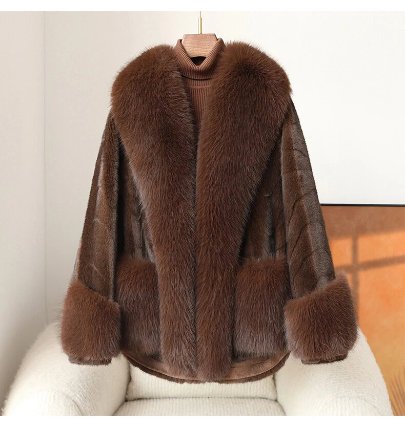 Abrigo de piel de visón de lujo de invierno para mamá para mujer grande cuello de piel real abrigo cálido grueso Foto 3 de 4