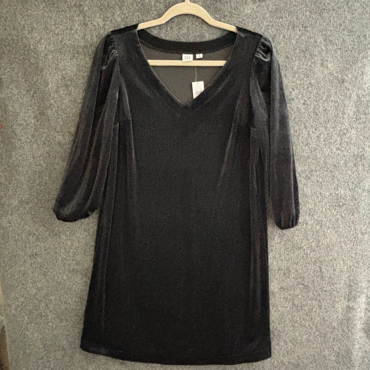 NEW GAP Dress Women's XS Black Velvet Shift V-Neck 3/4 Sleeves Pullover  Stretch