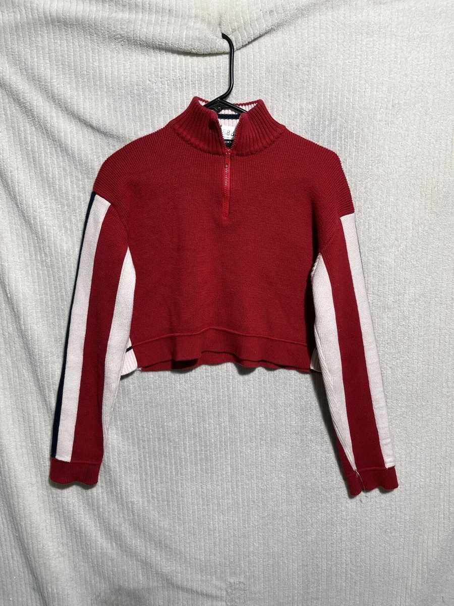 Brandy Melville Crop Sweater Red White OS Half Zip Cotton Dark Wash