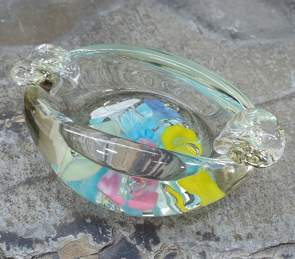 Vintage Handmade Art Glass Ashtray with Encased Glass Flowers