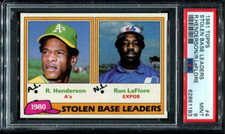 PSA 9 MINT 1981 TOPPS STOLEN BASE LDRS RICKEY HENDERSON RON LeFLORE #4 1183 B217
