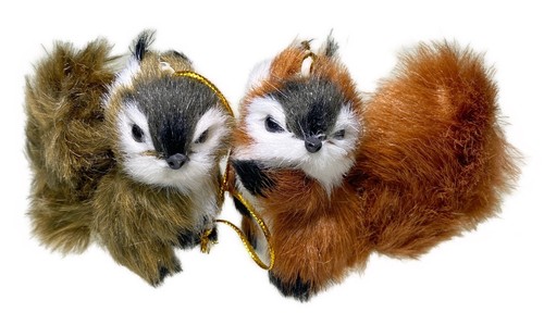 2 Eichhörnchen pelzig behaart Plüsch Weihnachtsschmuck braun & rot Baum Tier 3 Zoll
