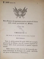Decree Kingdom of Italy - Adds Four Streets to Milan Street List 1884