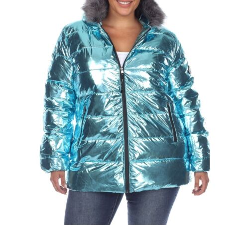 White Mark Women's Plus Size Metallic Puffer Coat with Hoodie Mint XL