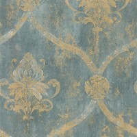 Wallpaper French Faux Aqua Blue Large Damask With Gold, New, Free Shipping on sale Wallpaper French Faux Aqua Blue Large Damask With Gold, New, Free Shipping on sale
