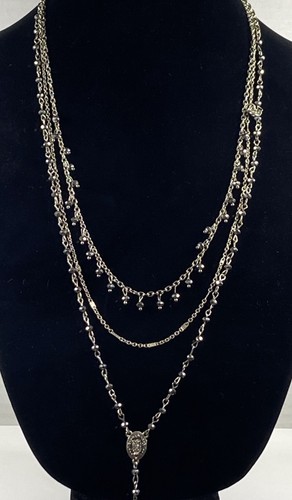 3 Strand Layered Silver Tone Elaborate Rhinestone Oval Y Drop Pendant Necklace - Picture 2 of 12