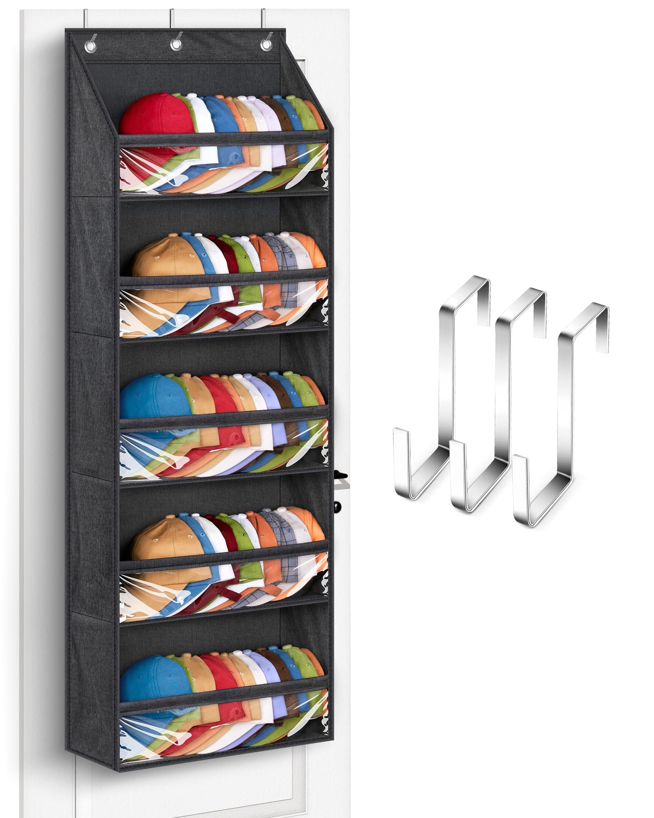Over Door Baseball Cap Organizer with Clear Deep Pockets for Hats Storage