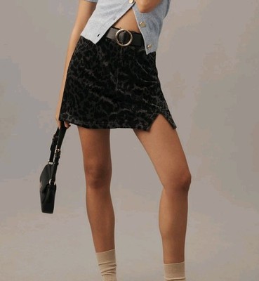 ANTHROPOLOGIE x PILCRO Corduroy Animal Print Mini Skirt Gray Black Sz 8