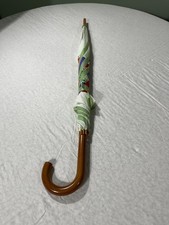 Vintage Floral Umbrella 34" Long Curved Crook Handle Rain Parasol