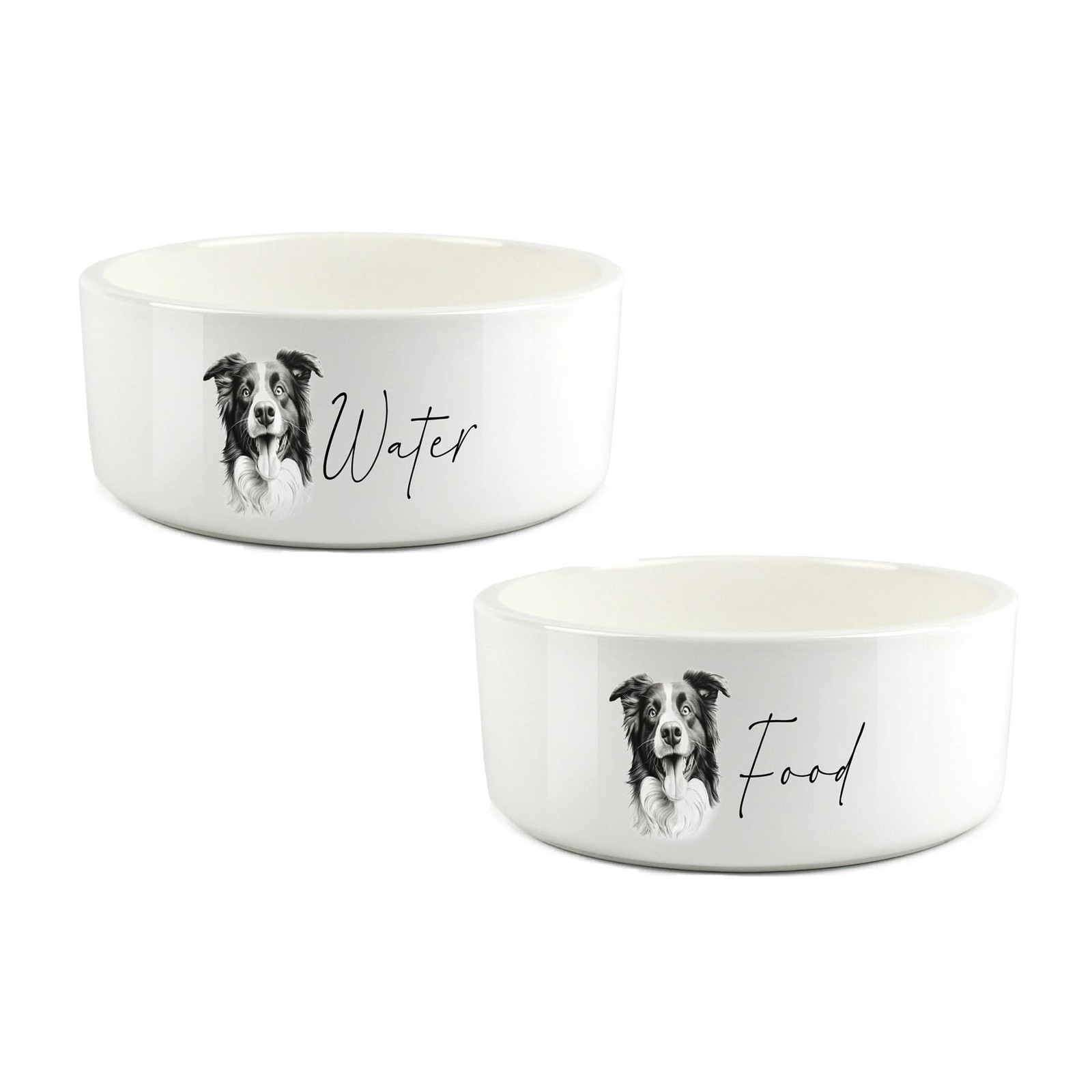 Purely Home Border Collie Food & Water Bowl Set - White Ceramic - 1L Capacity - 17.5cm Diameter - Image 2