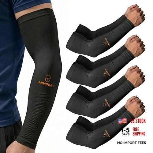 Arm Sleeves for Men and Women - UV Sun One Size Fits Most Black (4 Pair)