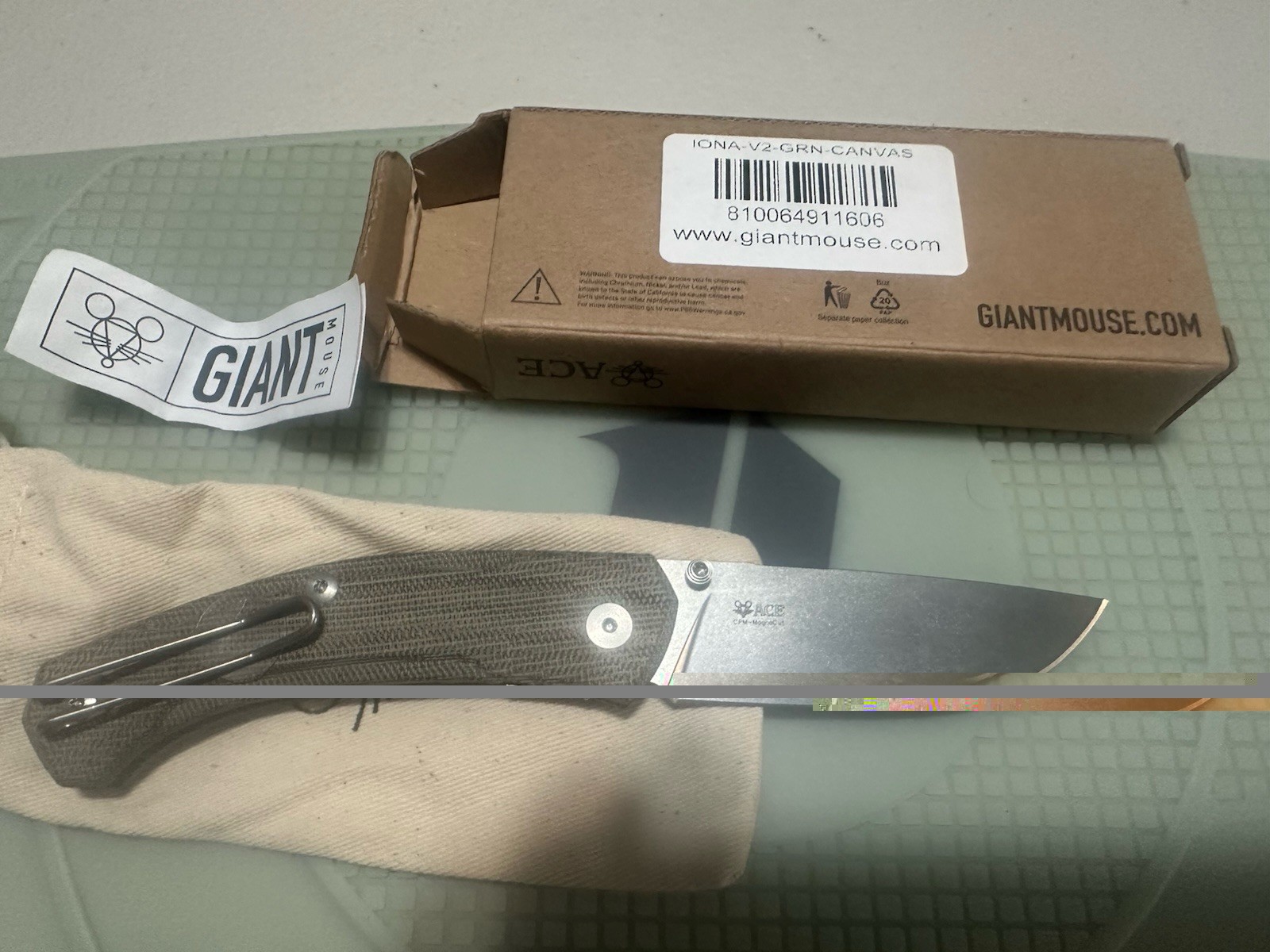 Giant Mouse Ace Iona V2 Green Canvas Folding Knife CPM Magnacut Open box