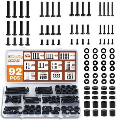 92PCS Universal TV Mounting Hardware M4-0.7, M5-0.8, M6-1.0, M8-1.25, Black 