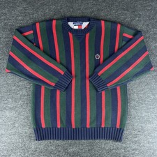 Vintage Tommy Hilfiger Sweater Mens L Navy Blue Striped Chunky Knit Pullover 90s