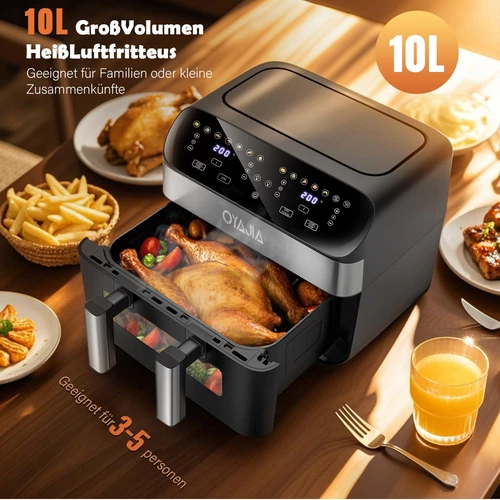 Doppel-Heißluftfritteuse 10 Liter XXL Heißluftfritteuse Doppelkammer Frittieren