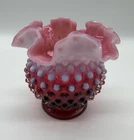 Vintage Fenton? Cranberry Opalescent Hobnail Ruffled Bowl Vase