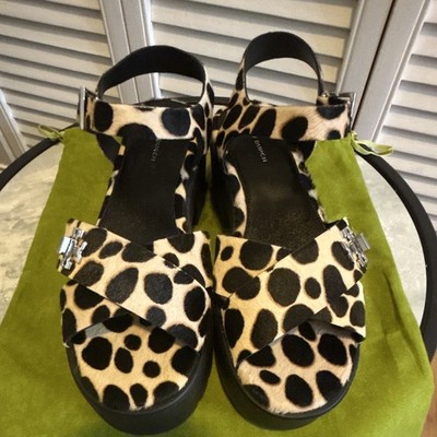 Tory Burch Animal Print Cow Fur Ankle Strap Buckle Logo Platform Sandals 8