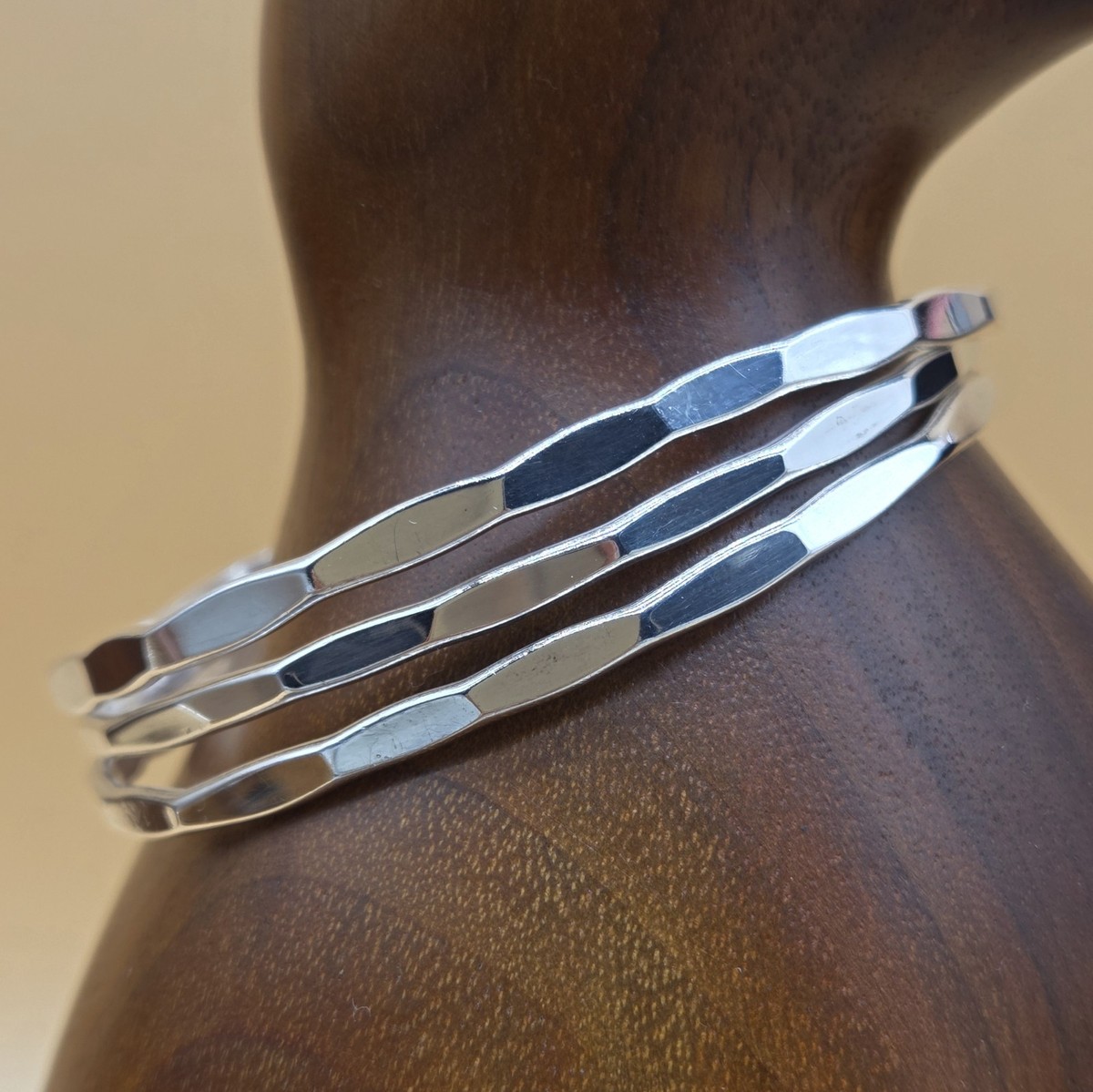 Set of 3 Sterling Silver 925 Hammered Bangle Bracelet 32g View 2