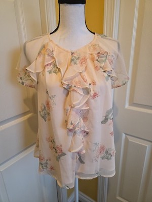 LOFT LIGHT PINK FLORAL RUFFLED BLOUSE,  SIZE S
