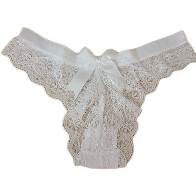 Women Lace Bow Thongs,T Back Low Waist Panties White Size XXL 