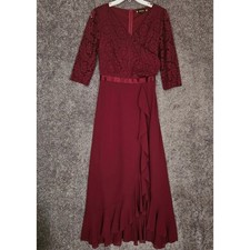 Miusol Womens Wine Red Lace V-Neck Ruffle Maxi Dress M22008 NWT Small