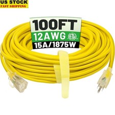 Heavy Duty Outdoor Extension Cord 12 Gauge 15A 125V 100ft Waterproof Lighted End