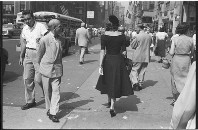 New York City Street Fashion Model 1950s Pedestrians Bus Street Scene