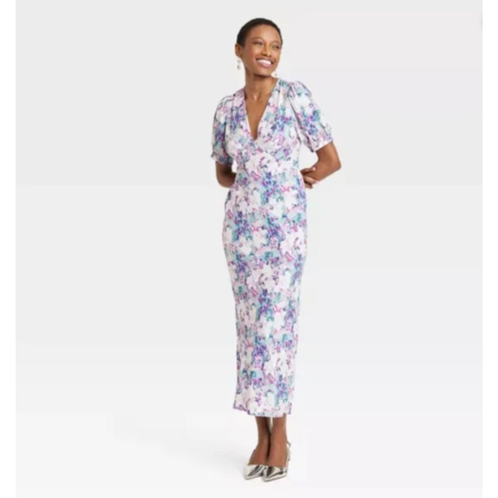 Women's Floral Crepe Puff Short Sleeve Midi Dress - A New Day  - XS