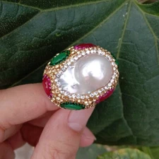 Freshwater Cultured White Keshi Pearl Crystal Pave Ring For Engagement Women
