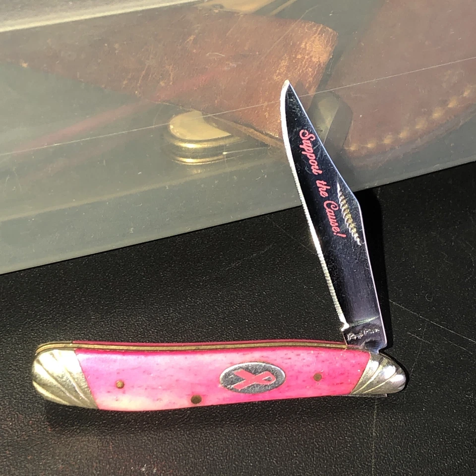 RARO ÁSPERO JINETE CÁNCER DE MAMA CUCHILLO DE APOYO RR hueso rosa liso NOS cuchillo de pluma Foto 4 de 4
